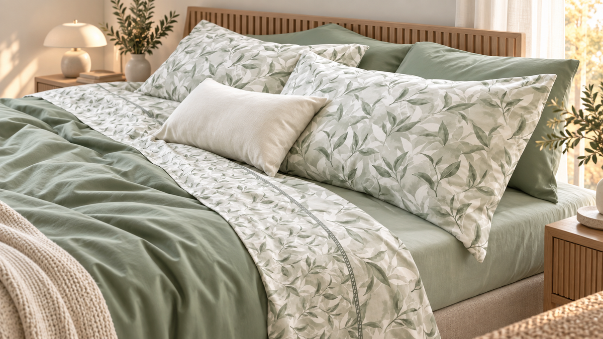 Letto con lenzuola a fantasia botanica verde salvia in una camera luminosa e accogliente.
