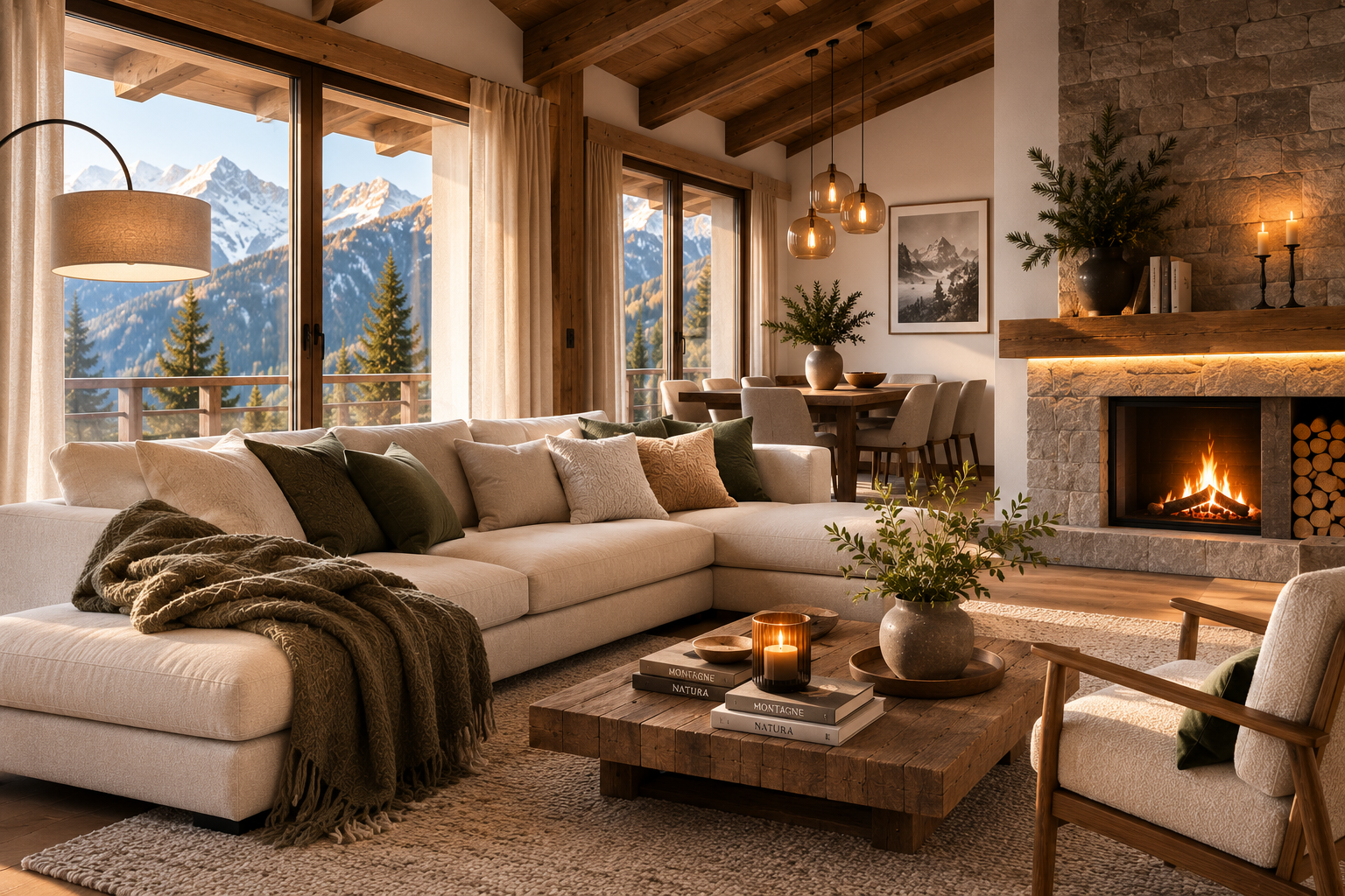 Soggiorno in stile alpino moderno con legno naturale, grandi finestre, arredi essenziali e atmosfera elegante ispirata alle montagne del Trentino.