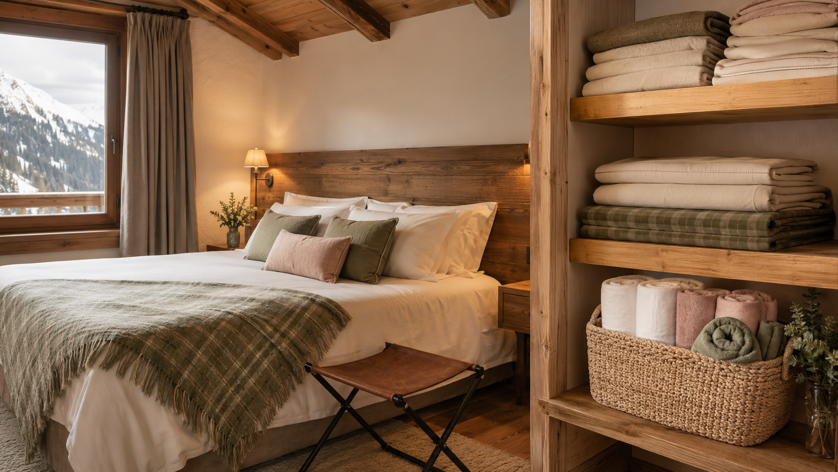 Camera di una casa vacanze in montagna con letto preparato, ricambi di biancheria e asciugamani organizzati sui ripiani
