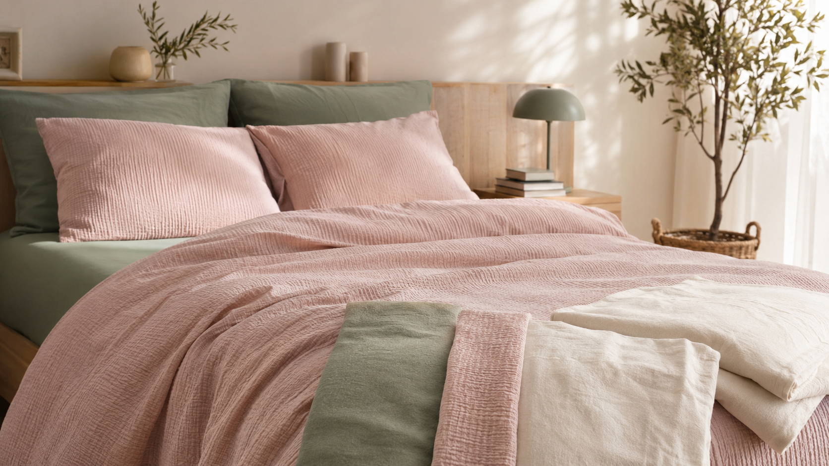 Letto con lenzuolo jersey verde, copripiumino seersucker rosa e biancheria stonewashed color avorio