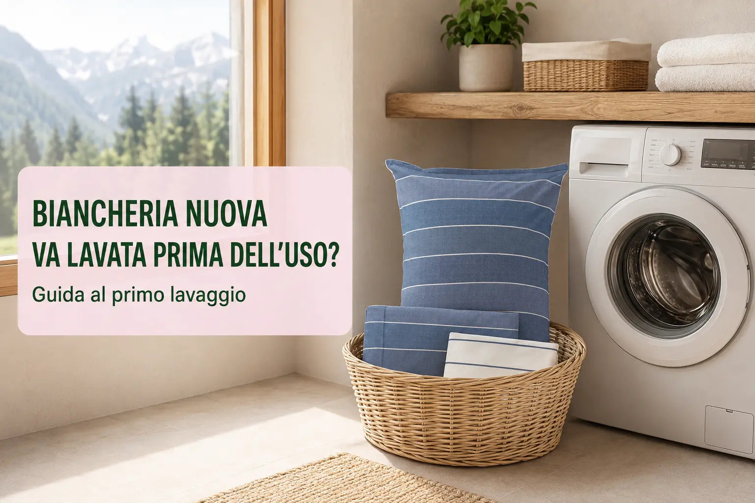 Biancheria nuova HomeLoves accanto alla lavatrice pronta per il primo lavaggio