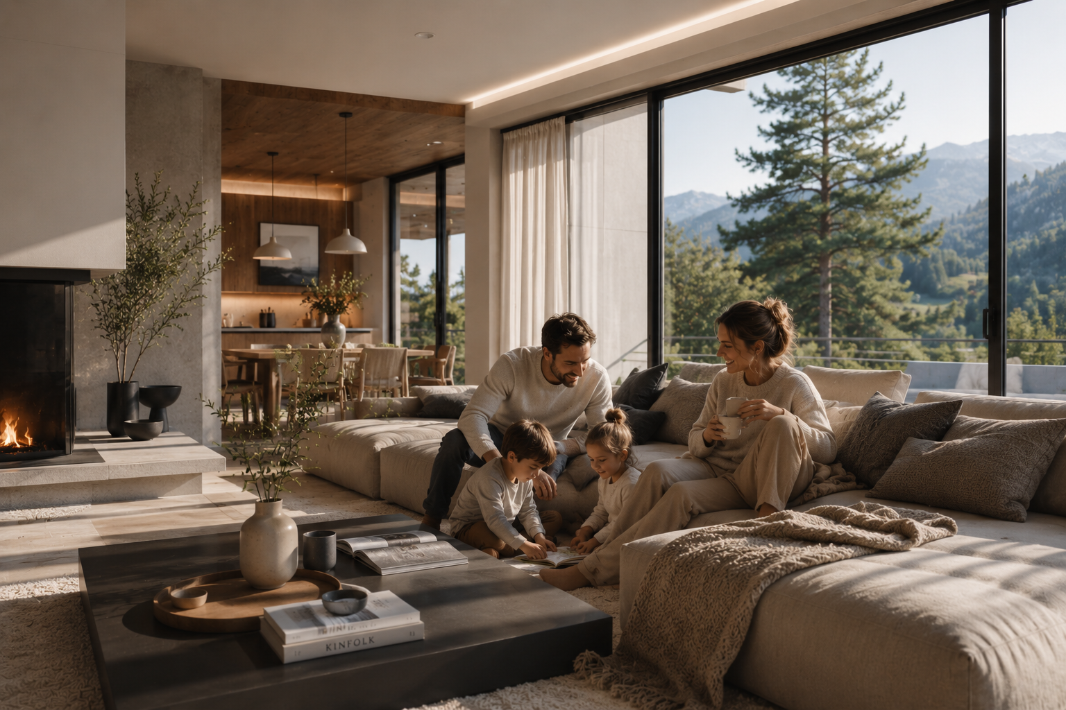 Famiglia in una casa contemporanea immersa nella natura, con soggiorno moderno, materiali naturali e atmosfera accogliente ispirata allo stile HomeLoves.