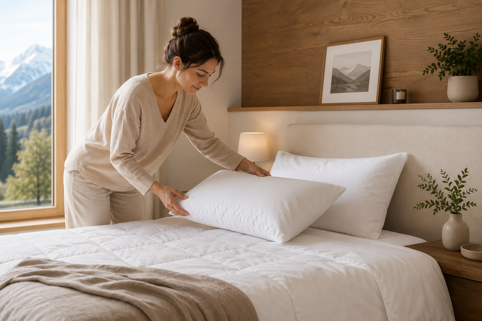 Donna che sistema un guanciale bianco su un letto matrimoniale in una camera accogliente, guida su come scegliere il guanciale perfetto HomeLoves.
