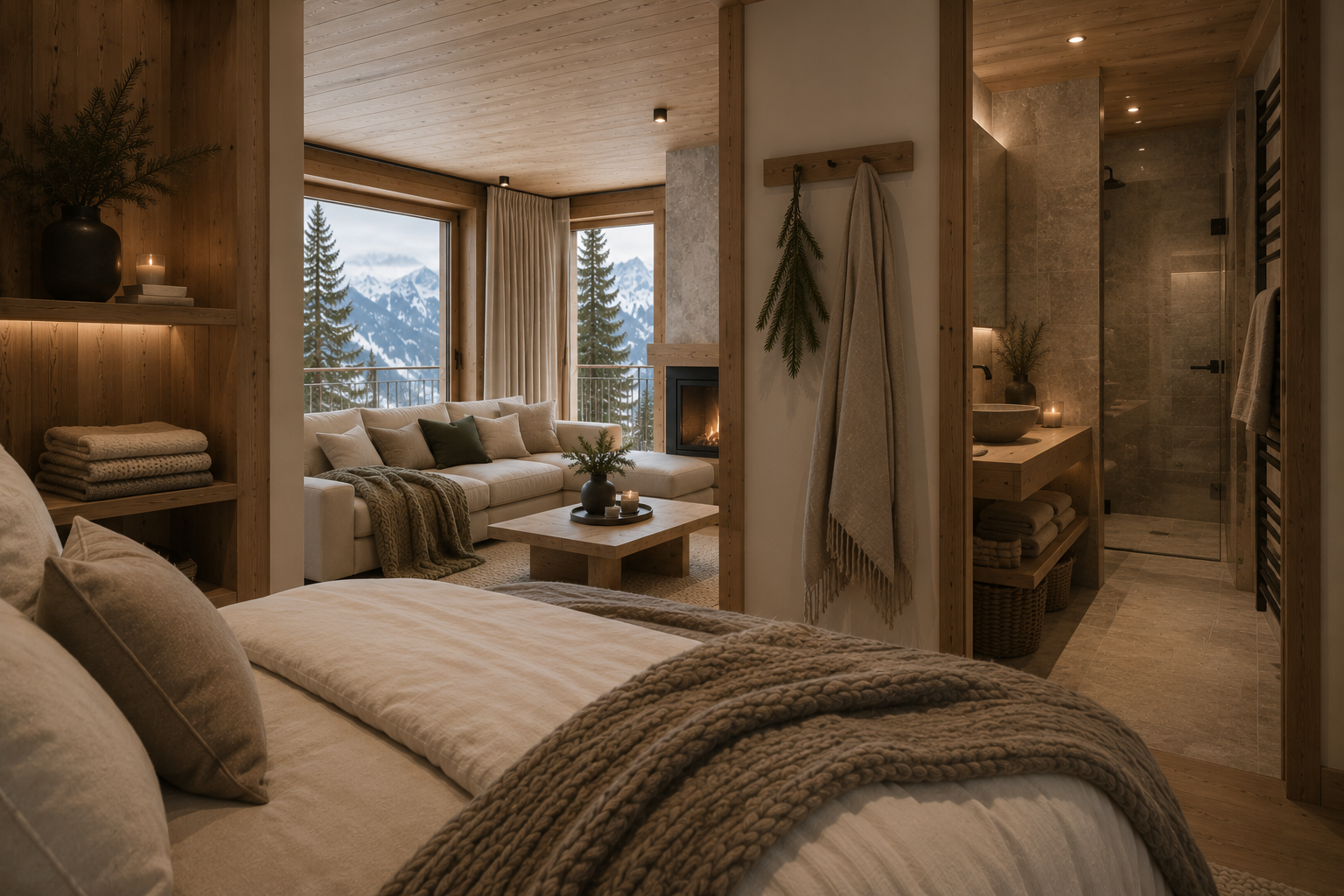 Interno moderno di una casa di montagna con camera, soggiorno e bagno coordinati da tessili naturali in cotone, lino e lana, ispirati allo stile alpino contemporaneo.