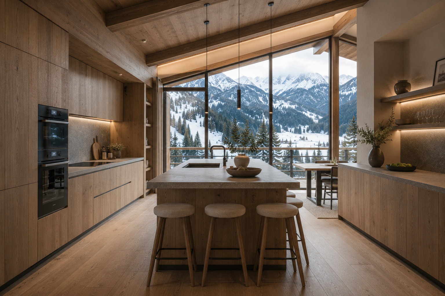Cucina moderna in stile alpino con isola centrale, legno naturale, piano in pietra e grandi finestre affacciate sulle montagne del Trentino | HomeLoves