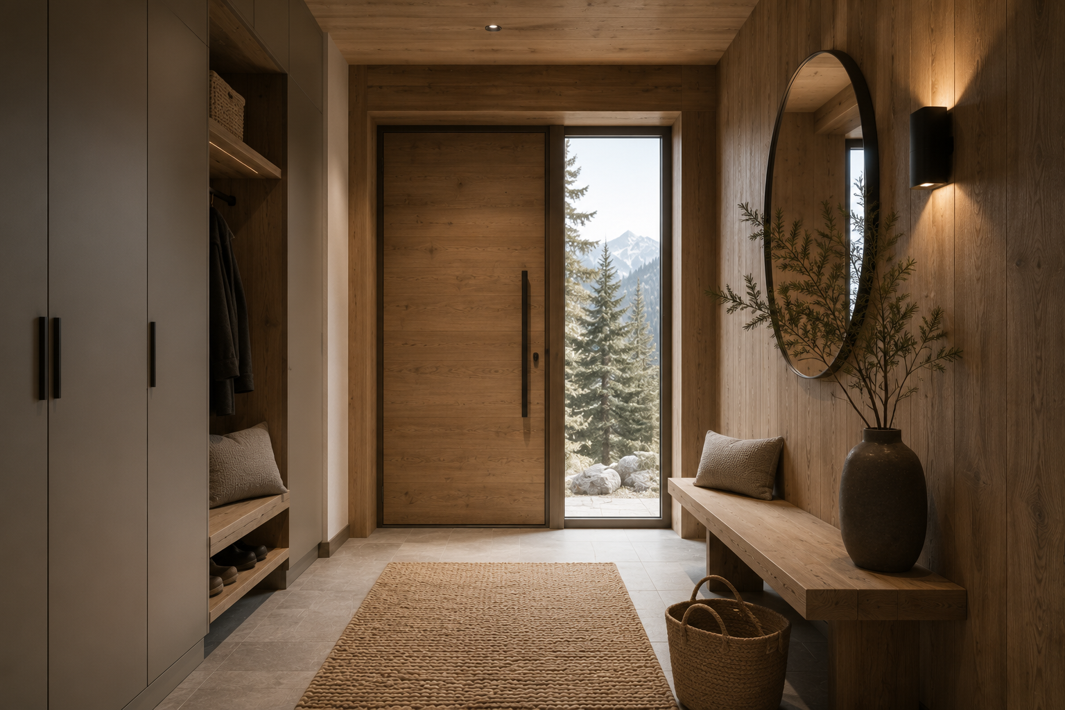 Ingresso moderno di una casa di montagna con panca in legno, appendiabiti minimal, luce calda e atmosfera elegante ispirata alle montagne del Trentino.