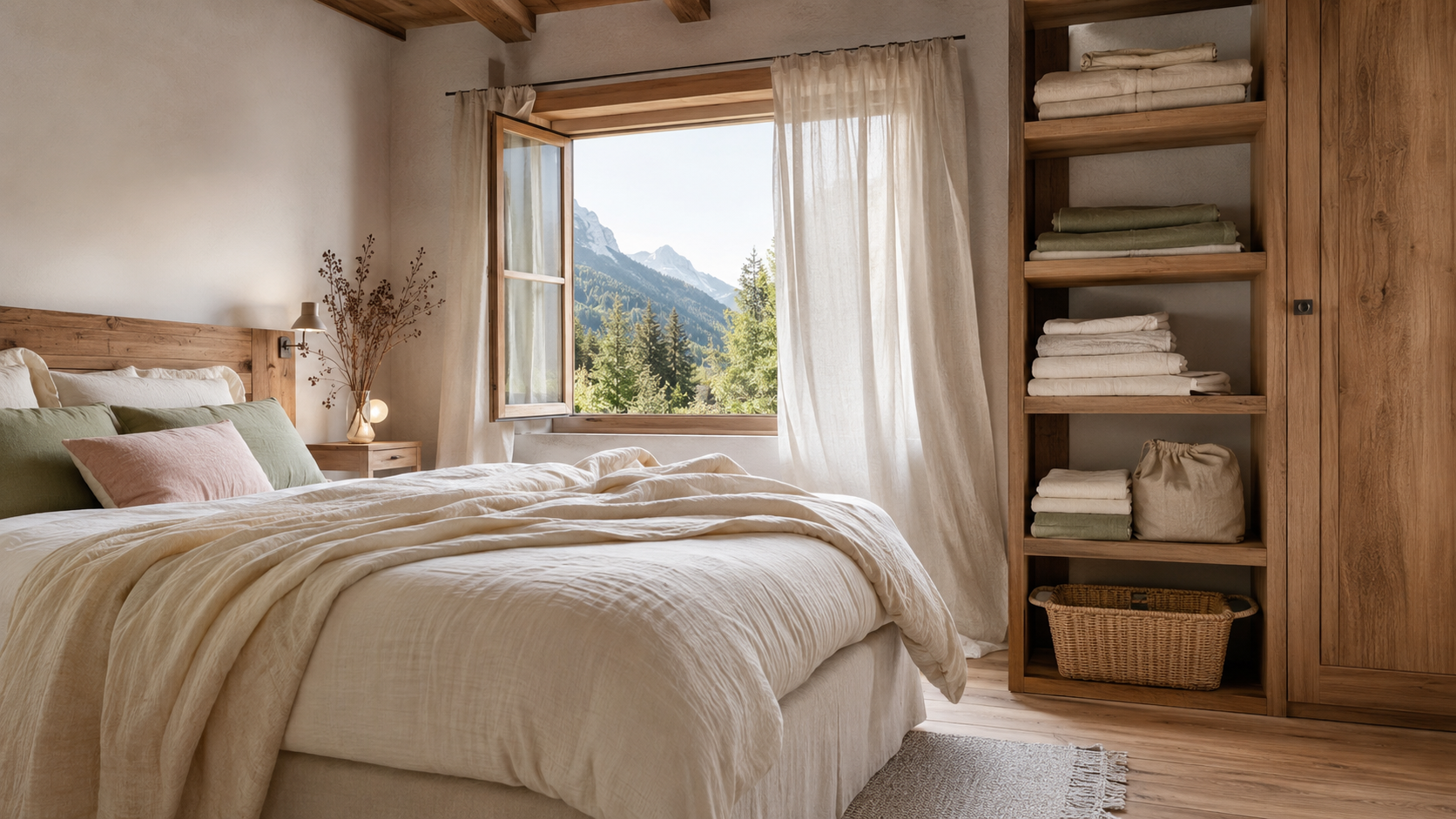 Camera da letto di montagna arieggiata con finestra aperta e biancheria pulita organizzata nell’armadio
