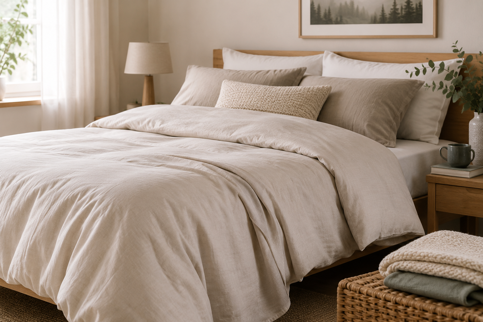 Copripiumino in tessuto naturale su un letto moderno, guida alla scelta del copripiumino ideale per comfort e qualità del riposo
