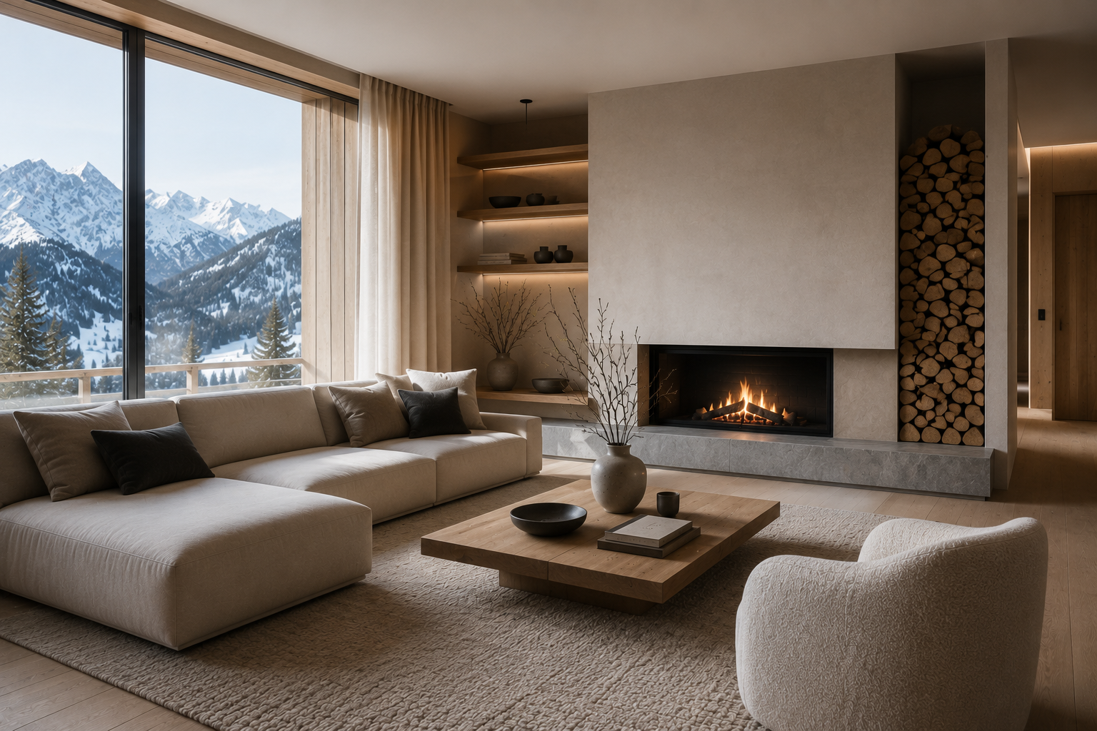 Dettaglio di un soggiorno alpino contemporaneo con tavolino in legno, plaid in lana, tappeto naturale e materiali coordinati per creare un'atmosfera accogliente | HomeLoves