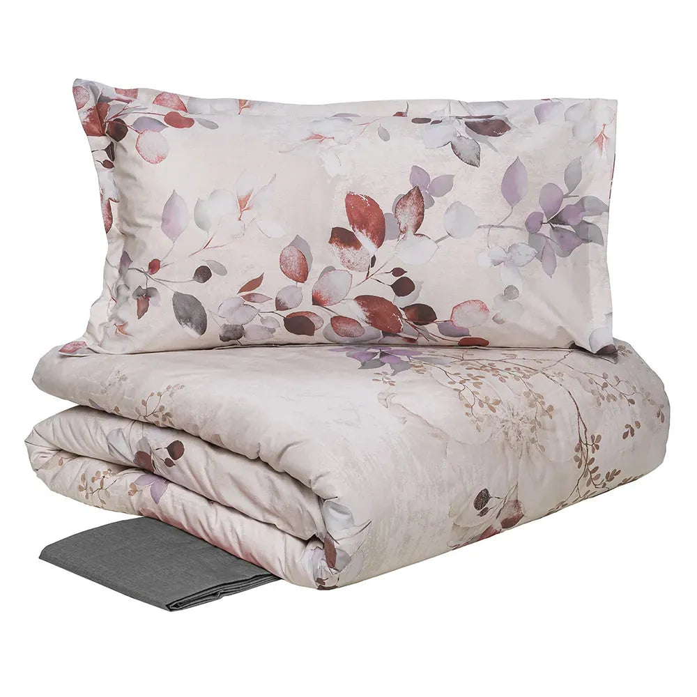 Set copripiumino doppio in rasatello di cotone - Beige chiaro/fiori Set copripiumino doppio in rasatello di cotone - Beige chiaro/fiori