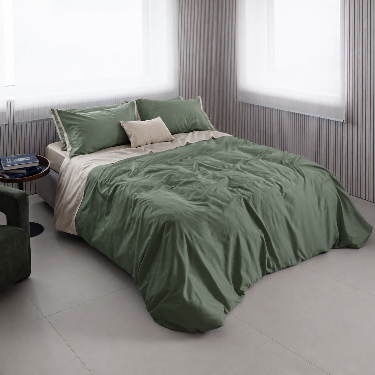 Completo lenzuola in caldo cotone bicolore Armonia verde