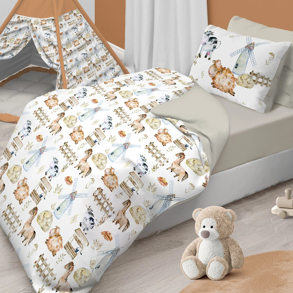 Parure copripiumino baby 100% cotone con stampa fattoria