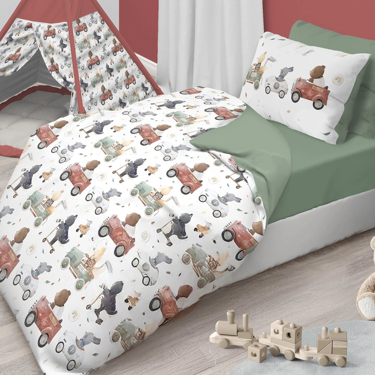 Parure copripiumino baby in cotone 100% con stampa orsetti in viaggio