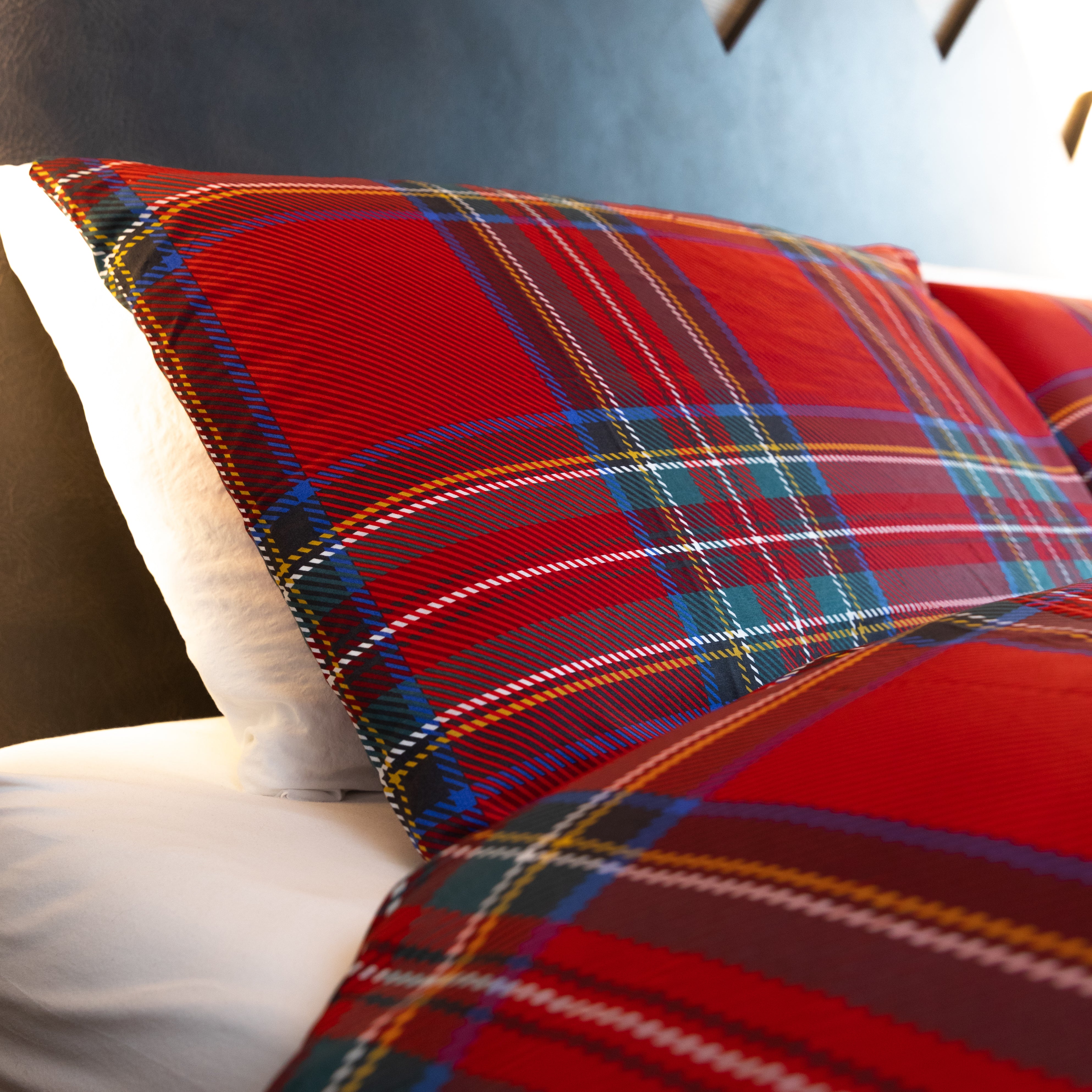 Parure copripiumino in puro cotone Daunex, Tartan dettaglio federe