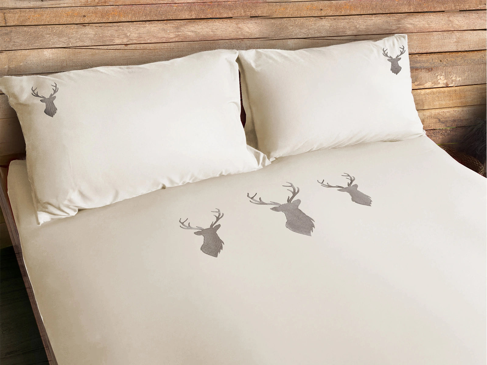 Parure copripiumino in puro cotone ricamato Daunex, Deer colore beige