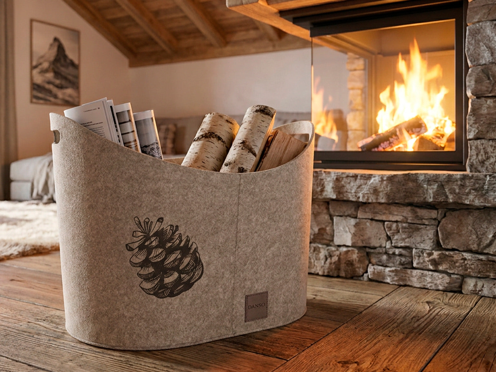 Porta Legna in feltro Pigna Mod Berg e Bag colore tortora ambientata