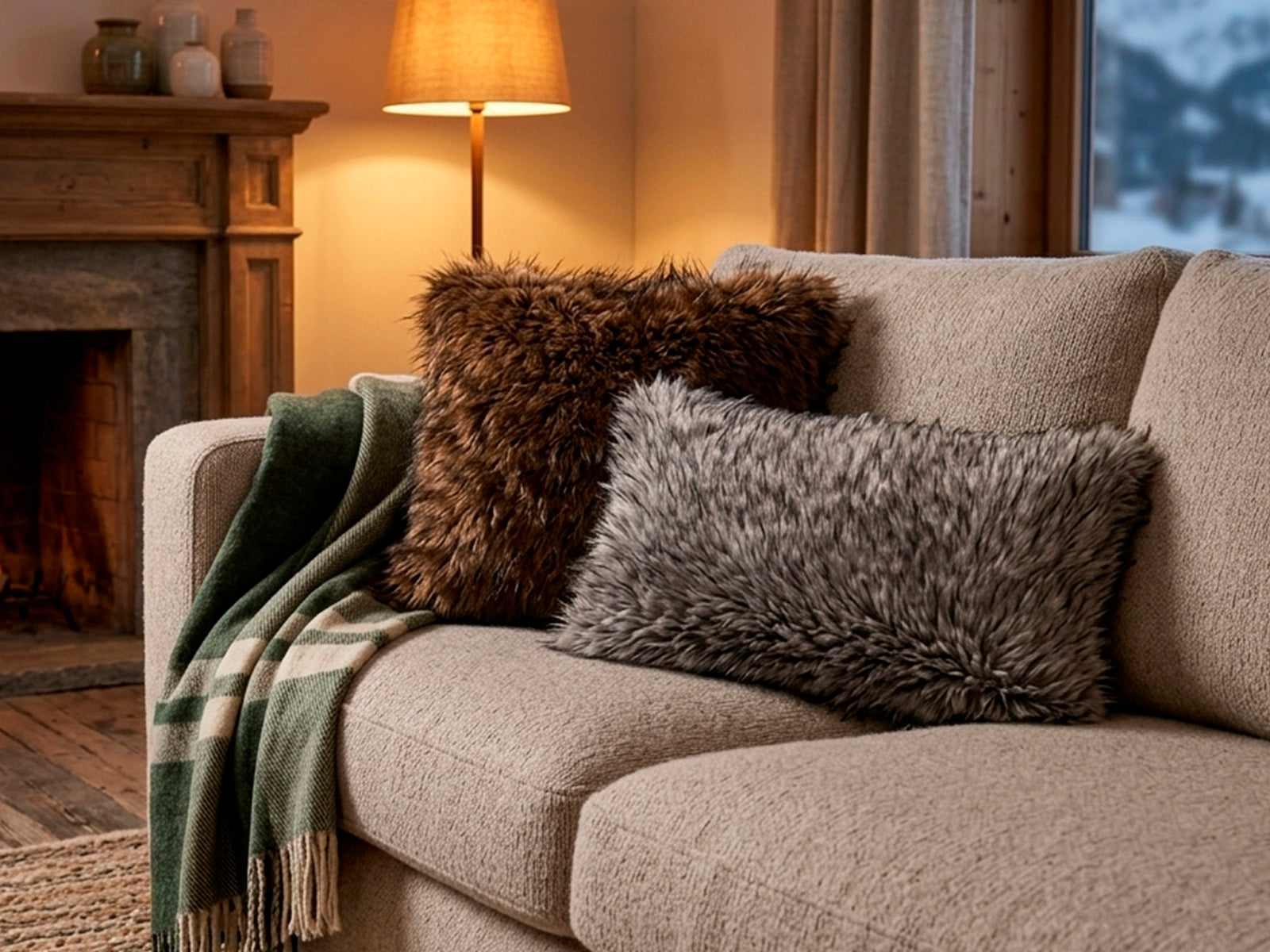 cuscino-fur-deluxe-daunex-ambientato-divano-marrone-grigio