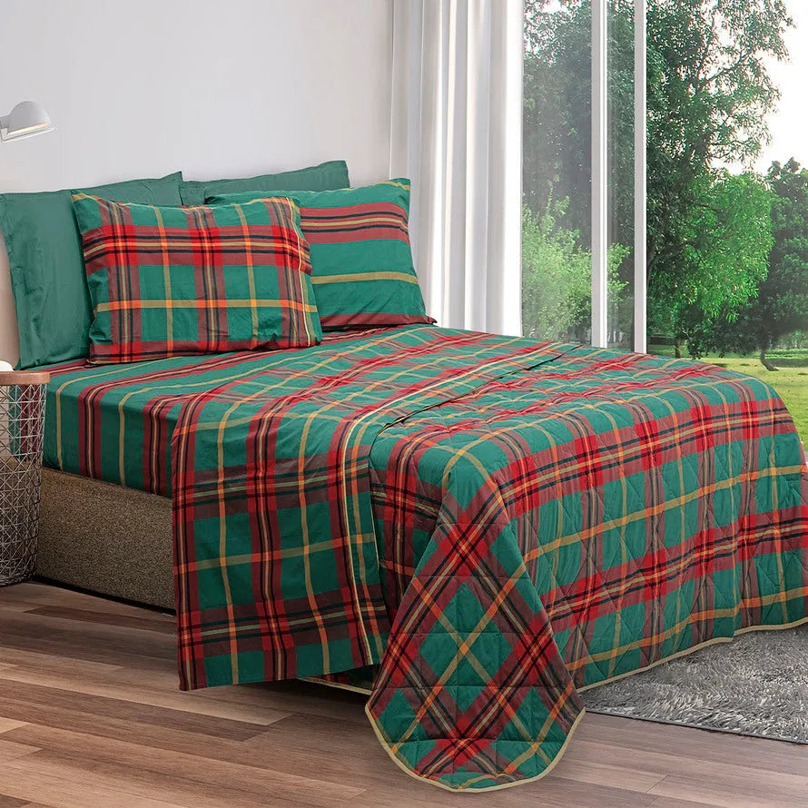 Completo lenzuola Daunex in percalle tinto in filo Newcastle colore verde - Home Loves