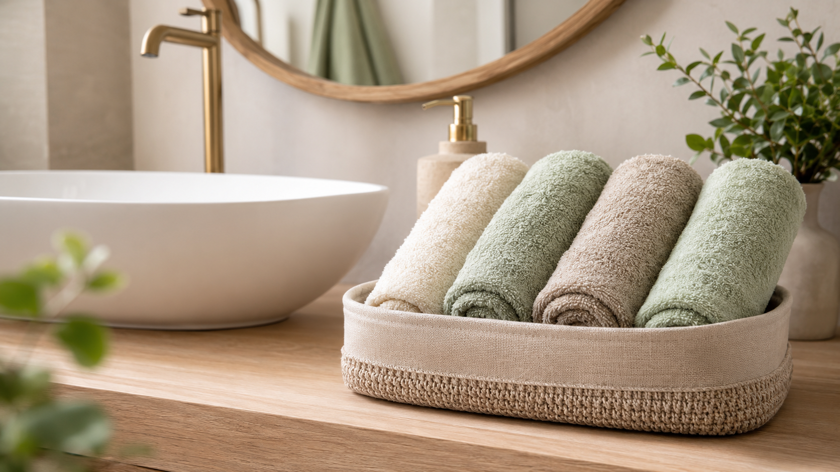 Cestino con quattro lavette da bagno nei colori bianco, salvia e tortora accanto al lavabo