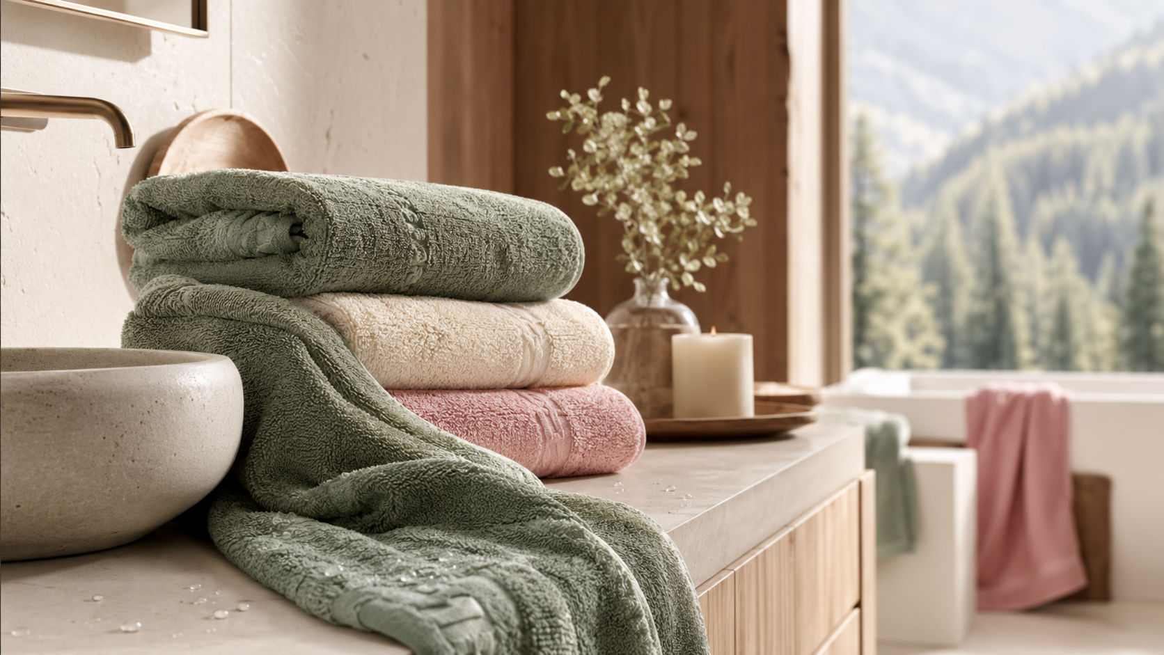 Asciugamani in spugna verdi, ecrù e rosa accanto al lavabo con alcune gocce d’acqua