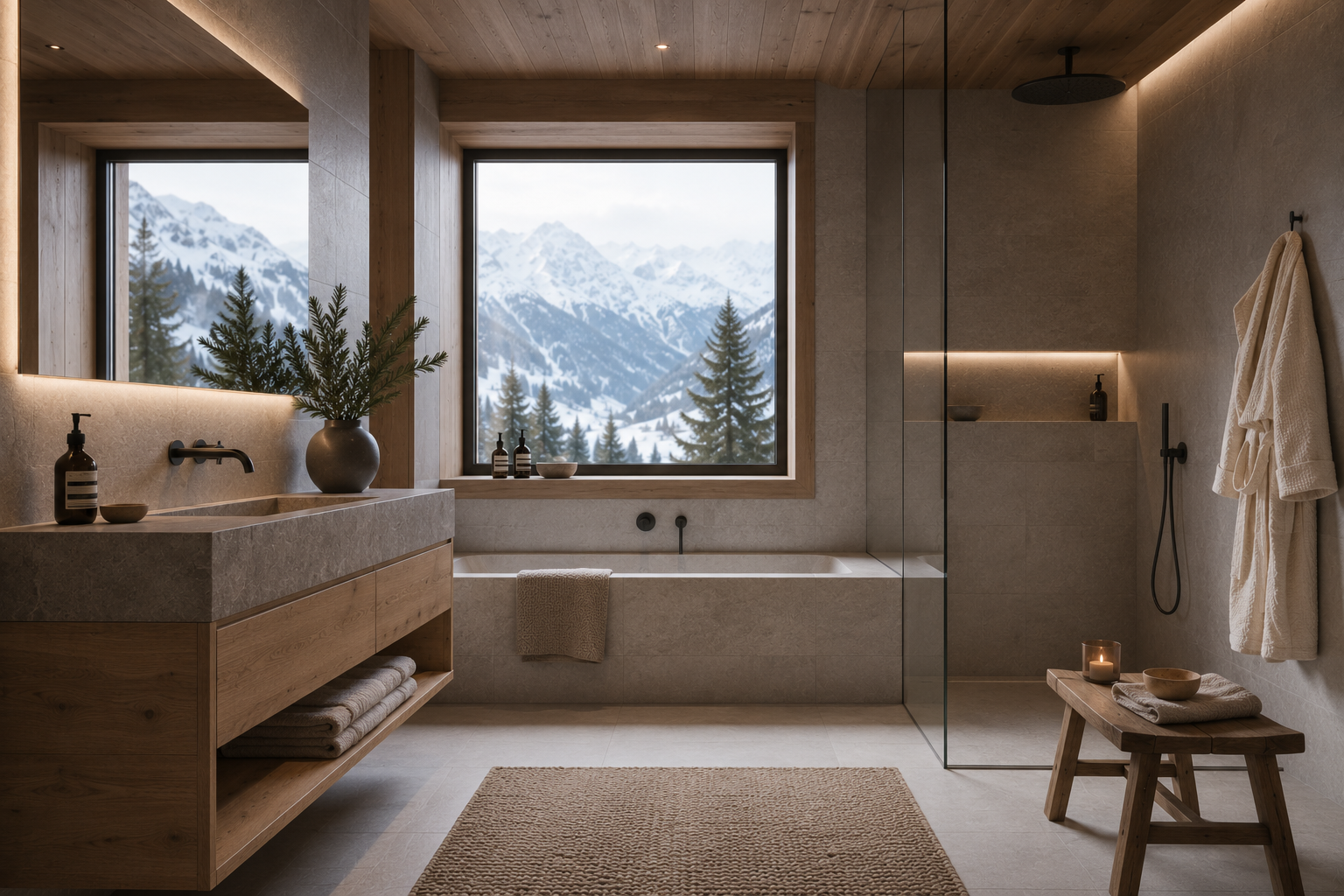 Bagno moderno in stile spa alpina con mobili in legno naturale, lavabo in pietra, ampia doccia e atmosfera elegante ispirata alle montagne del Trentino.