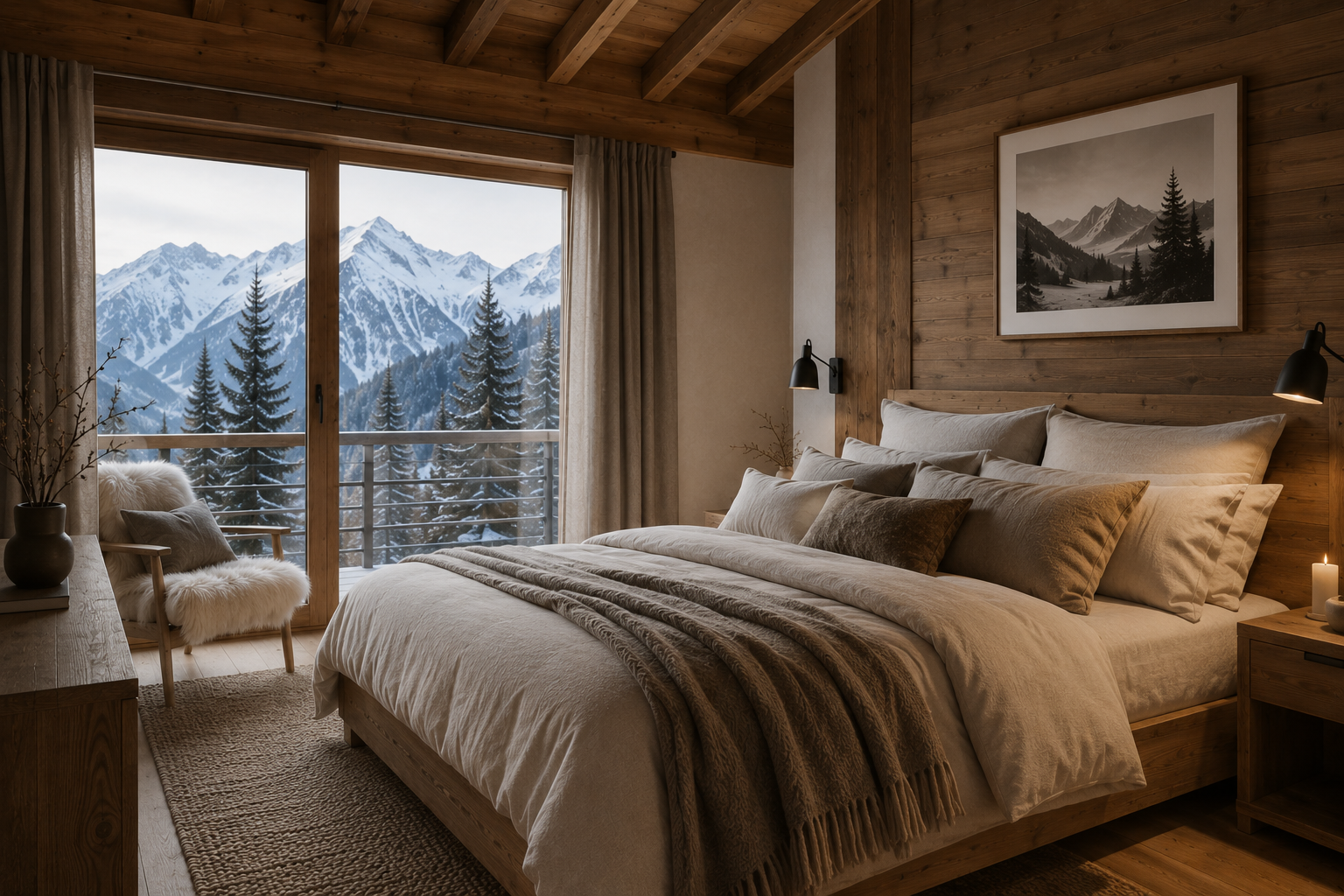 Elegante camera da letto in stile chalet con letto in legno, piumino in lino naturale, luce calda e vista sulle montagne del Trentino.