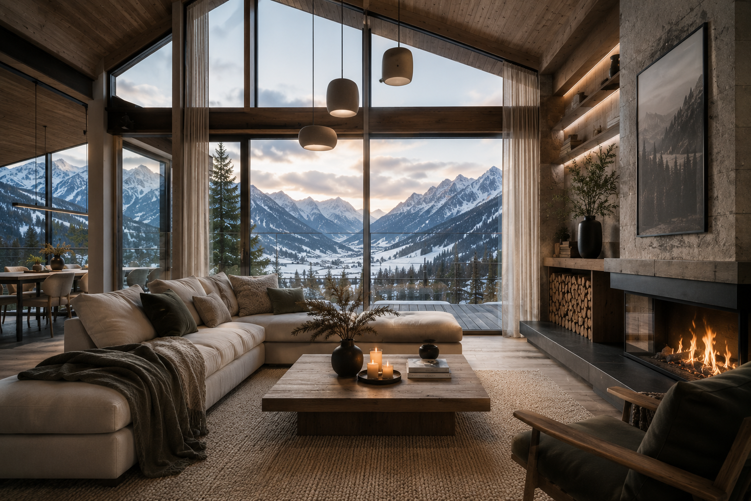 Casa di montagna contemporanea con grandi vetrate, materiali naturali, tessili HomeLoves e vista sulle Dolomiti, simbolo della filosofia del brand.