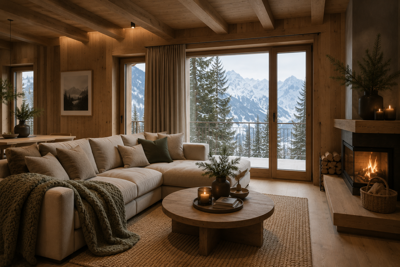 Casa di montagna moderna con soggiorno luminoso, camino, tessili naturali e atmosfera calda ispirata alle montagne del Trentino.
