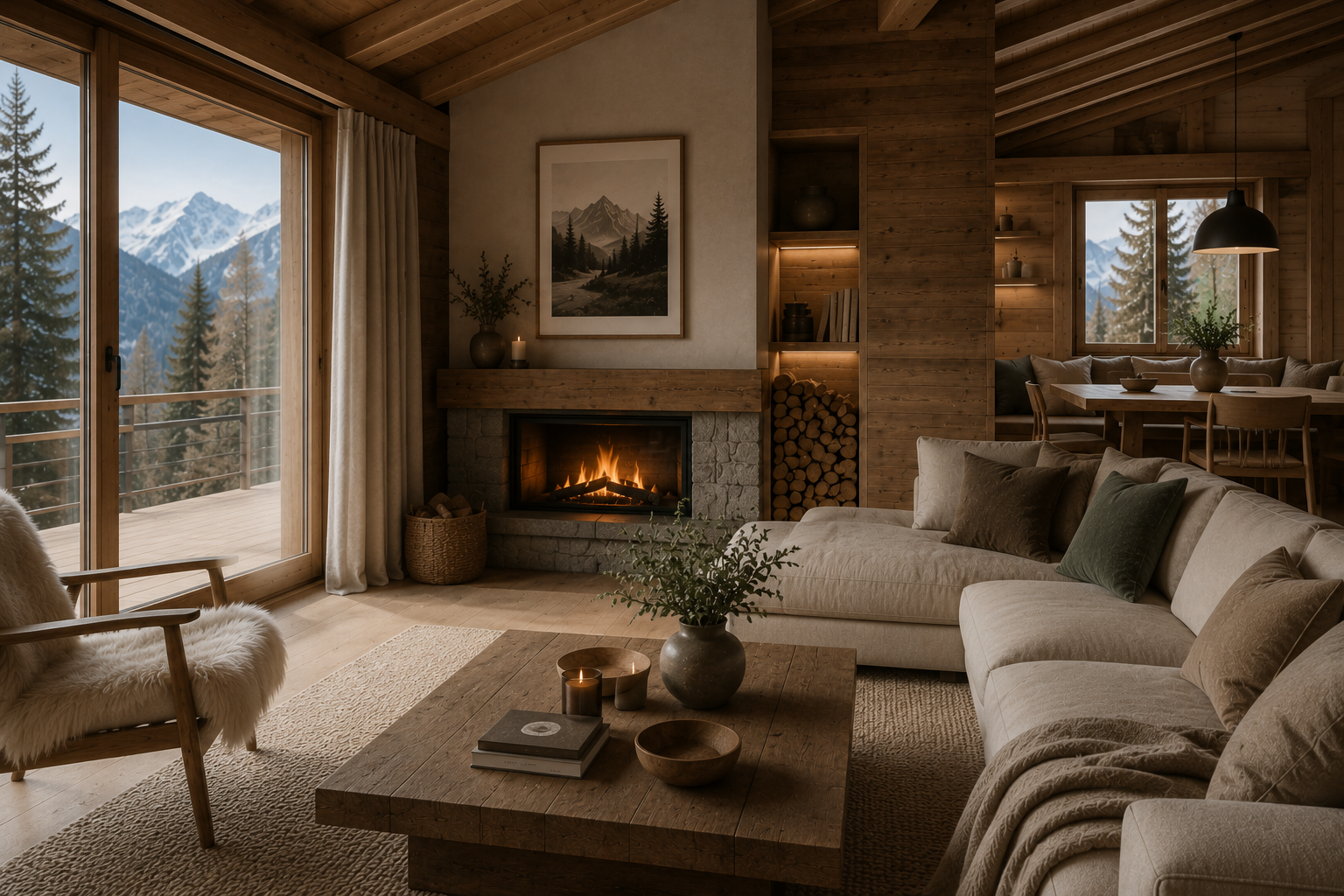 Soggiorno in stile chalet moderno con palette naturale ispirata alle Dolomiti, legno, tessili neutri e luce calda | HomeLoves