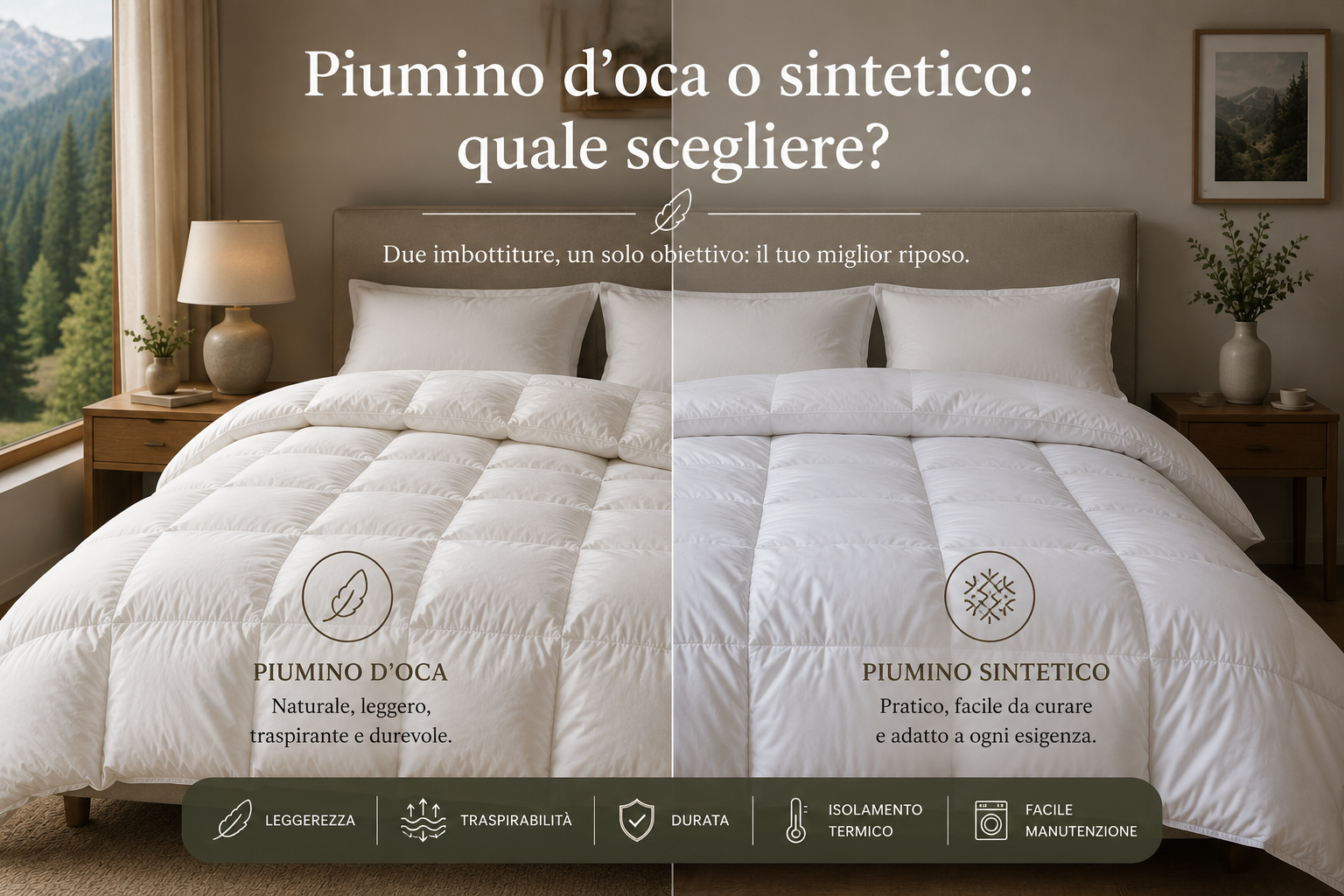 Infografica che confronta piumino d'oca e piumino sintetico evidenziando differenze di leggerezza, traspirabilità, durata e isolamento termico | HomeLoves