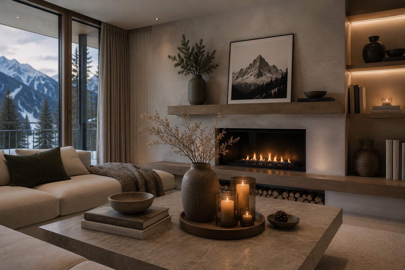 Soggiorno moderno di una casa di montagna con decorazioni essenziali, ceramiche, candele e dettagli naturali ispirati alle montagne del Trentino.