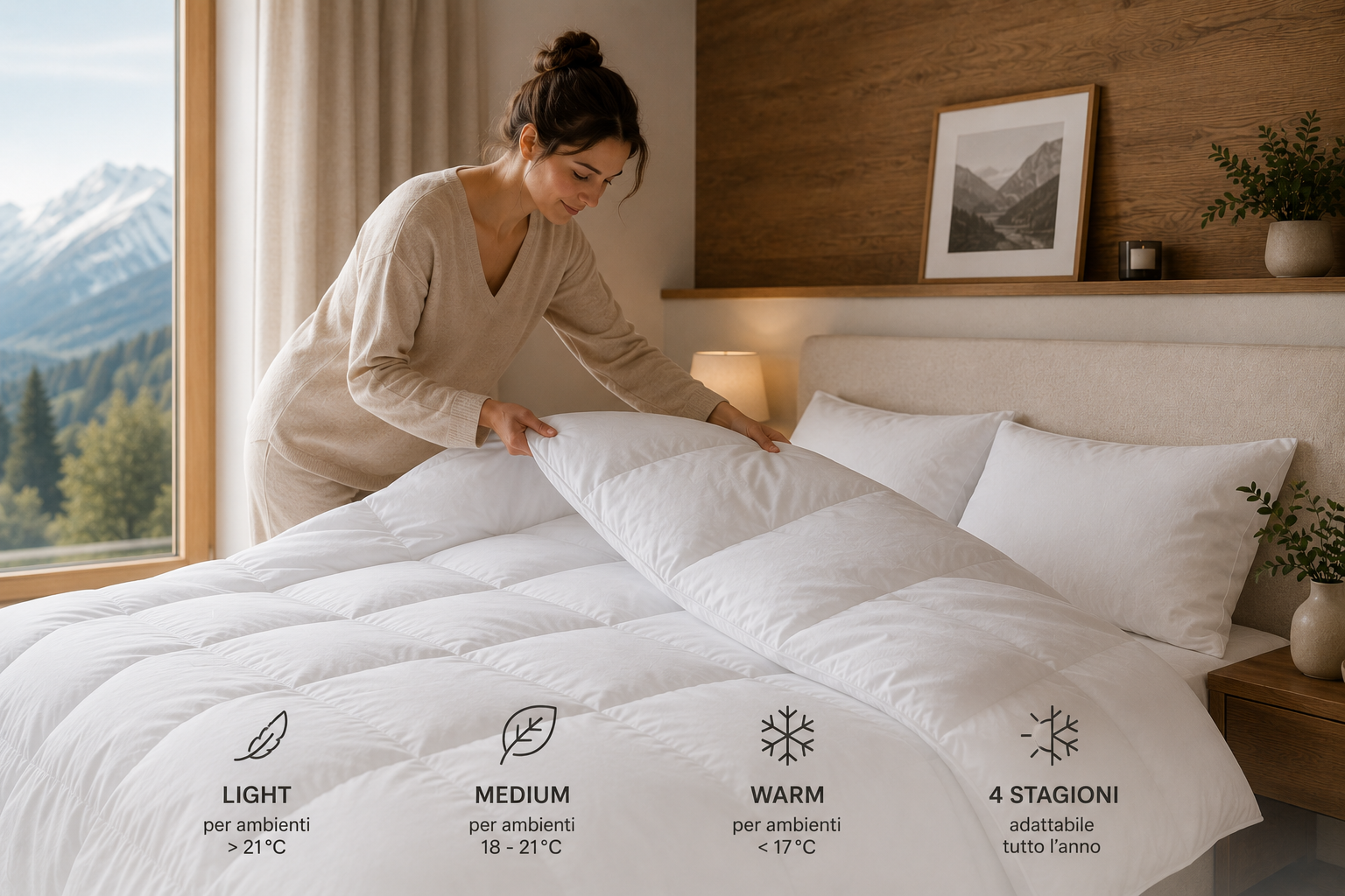 Donna che prepara un letto con un piumino in una camera accogliente, guida ai gradi di calore del piumino per scegliere il comfort ideale | HomeLoves
