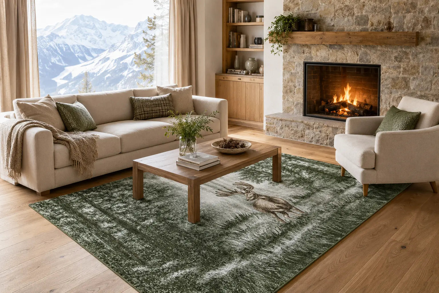 Tappeto Deer Enjoy verde con cervo posizionato sotto divano, poltrona e tavolino in un salotto alpino
