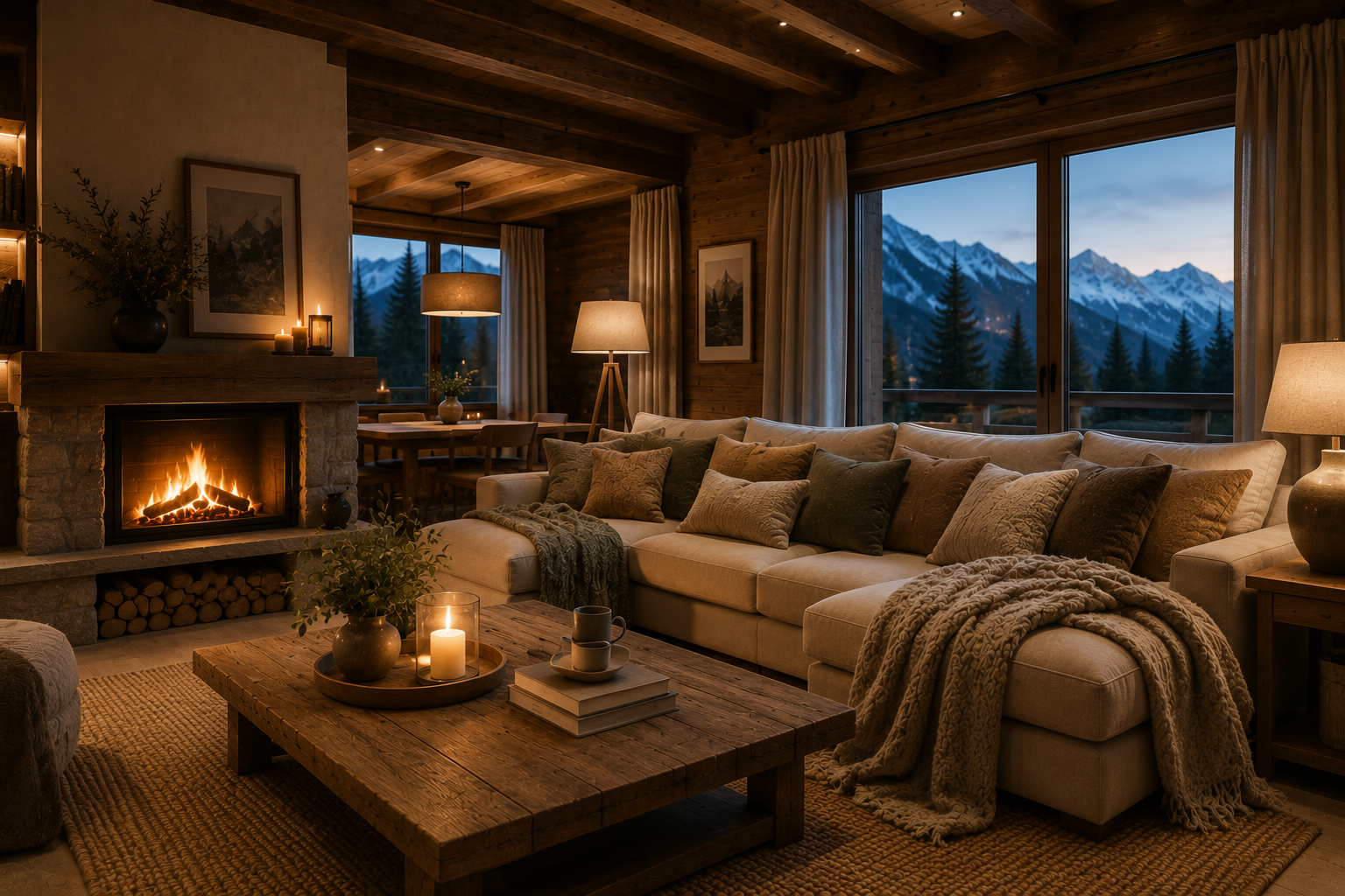 Soggiorno moderno in stile chalet illuminato da luce naturale e lampade calde che valorizzano legno, pietra e tessuti naturali | HomeLoves