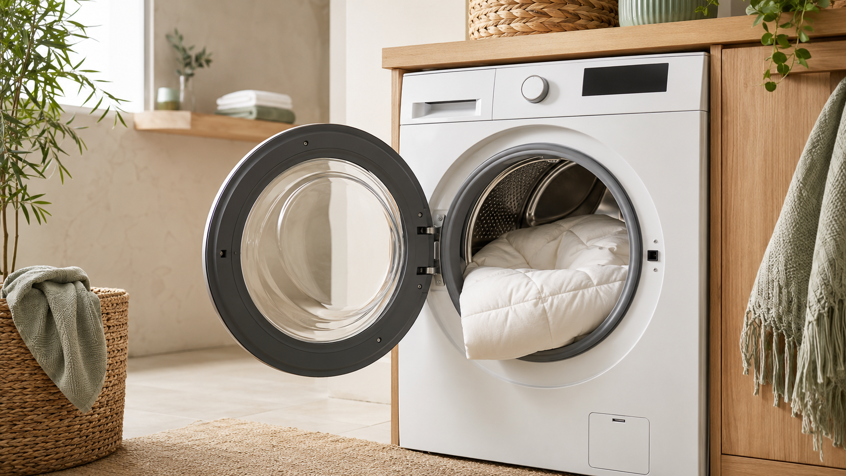 Piumino bianco inserito senza compressione in una lavatrice capiente