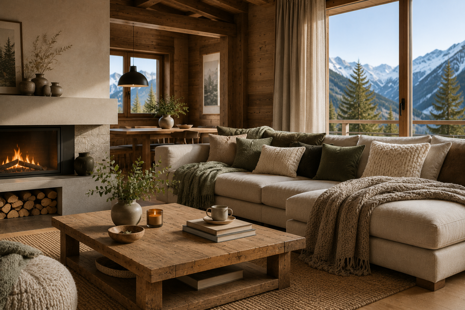 Interno moderno di una casa di montagna con pareti in rovere, divano in lino naturale, plaid in lana e atmosfera alpina minimal | HomeLoves