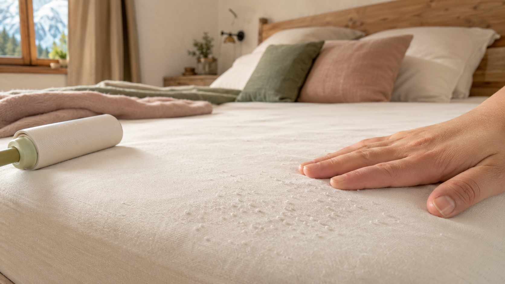 Controllo ravvicinato dei pallini e della pelosità presenti sulla superficie di un lenzuolo bianco