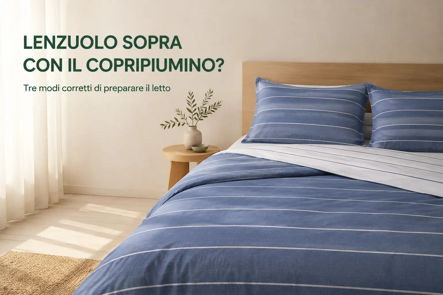 Letto HomeLoves con lenzuolo sopra visibile sotto il copripiumino Milk Righe blu