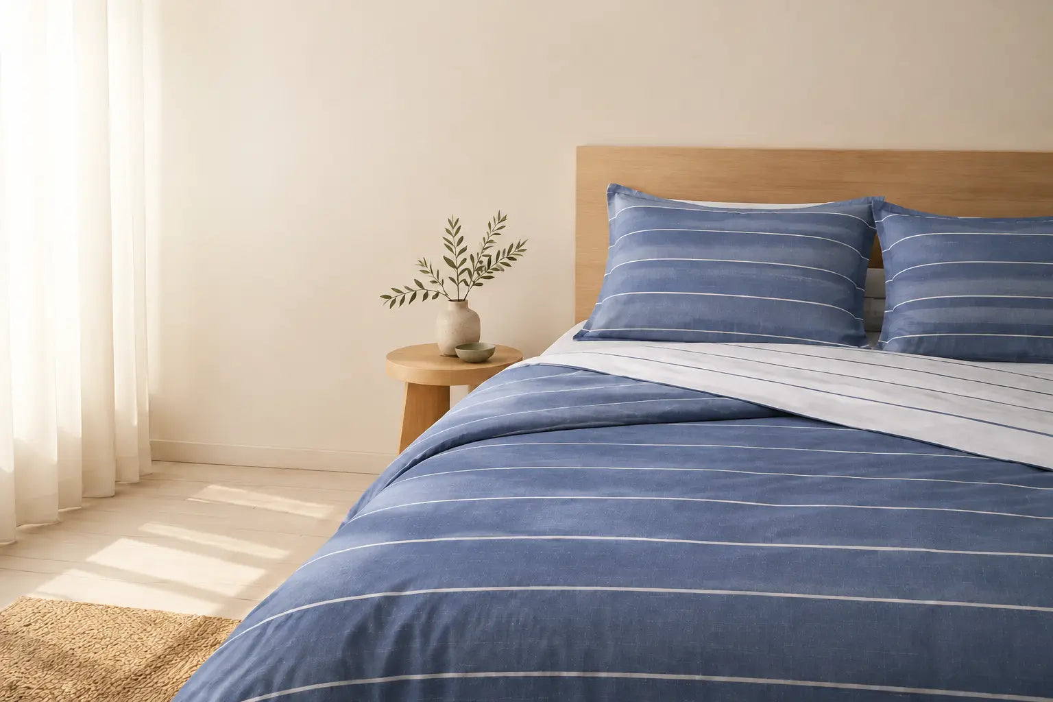 Letto HomeLoves con lenzuolo sopra visibile sotto il copripiumino Milk Righe blu