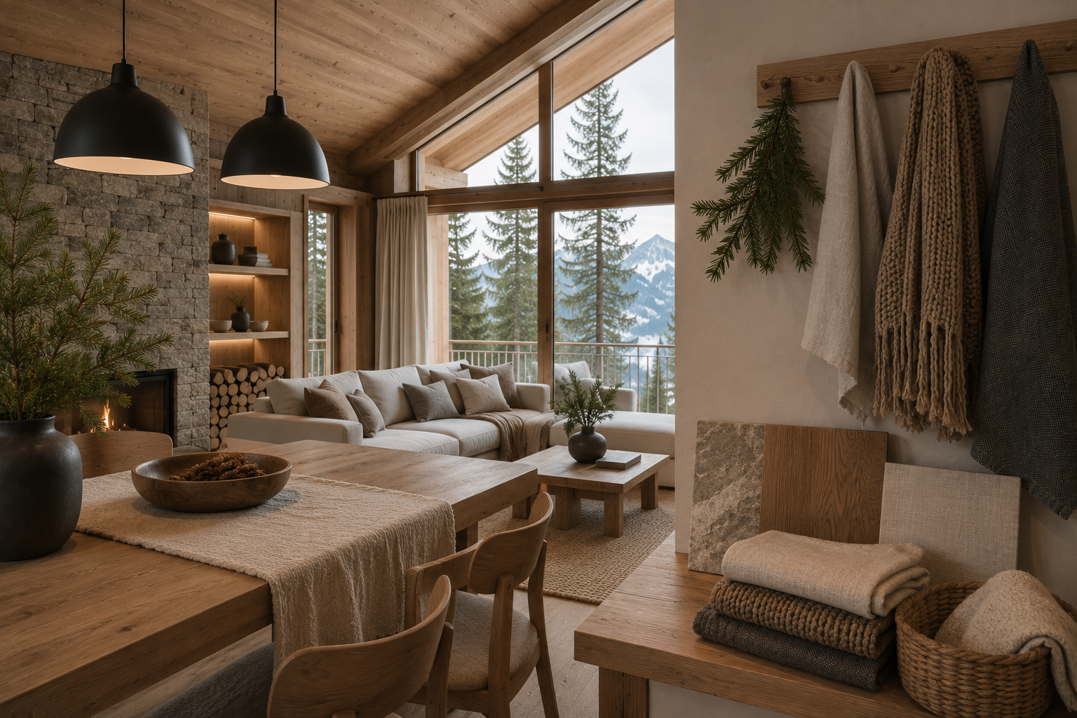 Interno moderno di una casa di montagna con legno, pietra, lino e lana armoniosamente combinati in uno stile alpino contemporaneo ispirato alle montagne del Trentino.