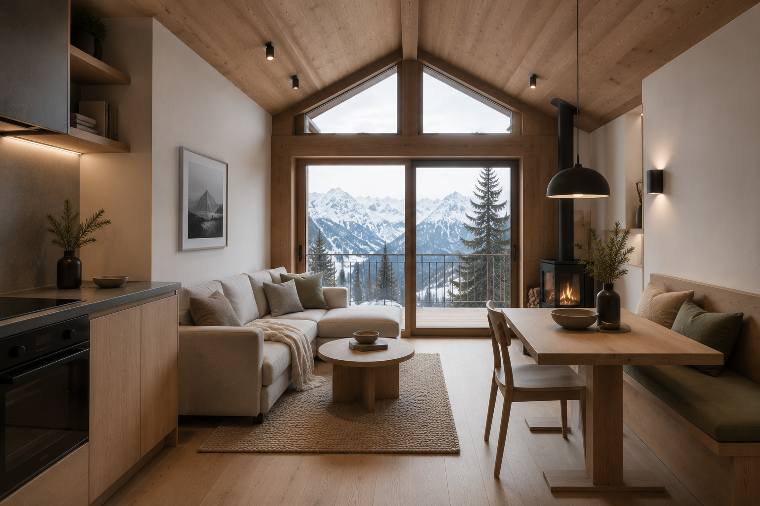 Piccolo chalet moderno con soggiorno open space, arredi minimal, legno naturale e grandi finestre affacciate sulle montagne del Trentino.