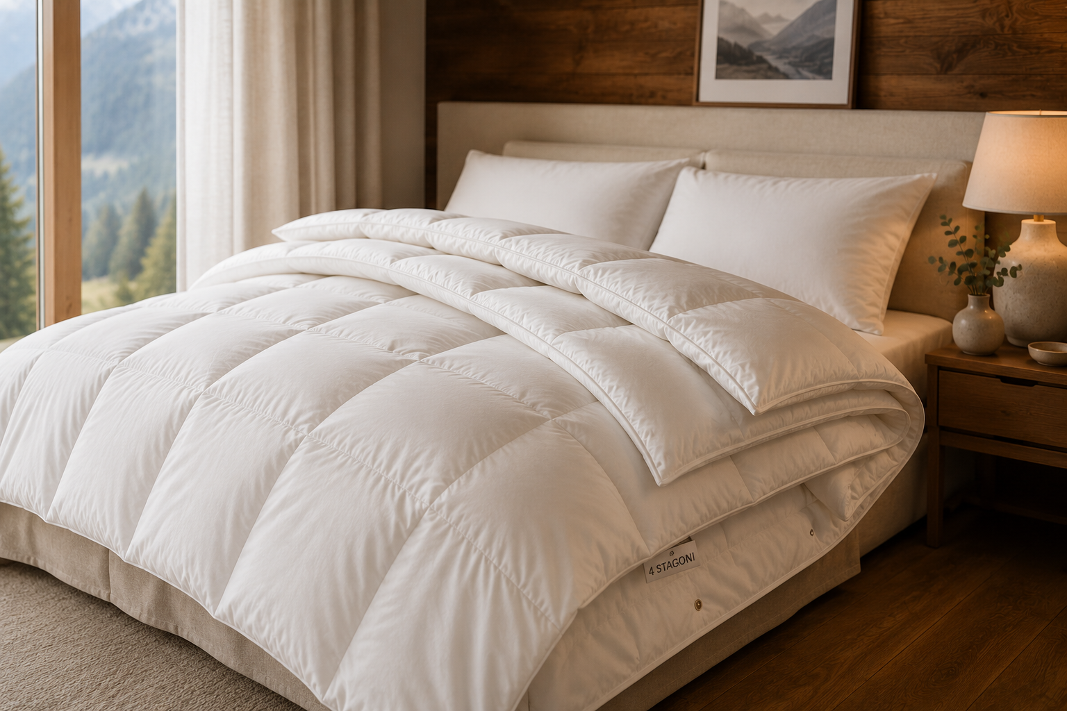 Piumino 4 stagioni composto da due piumini unibili su un letto matrimoniale in una camera elegante, soluzione versatile per tutte le stagioni | HomeLoves