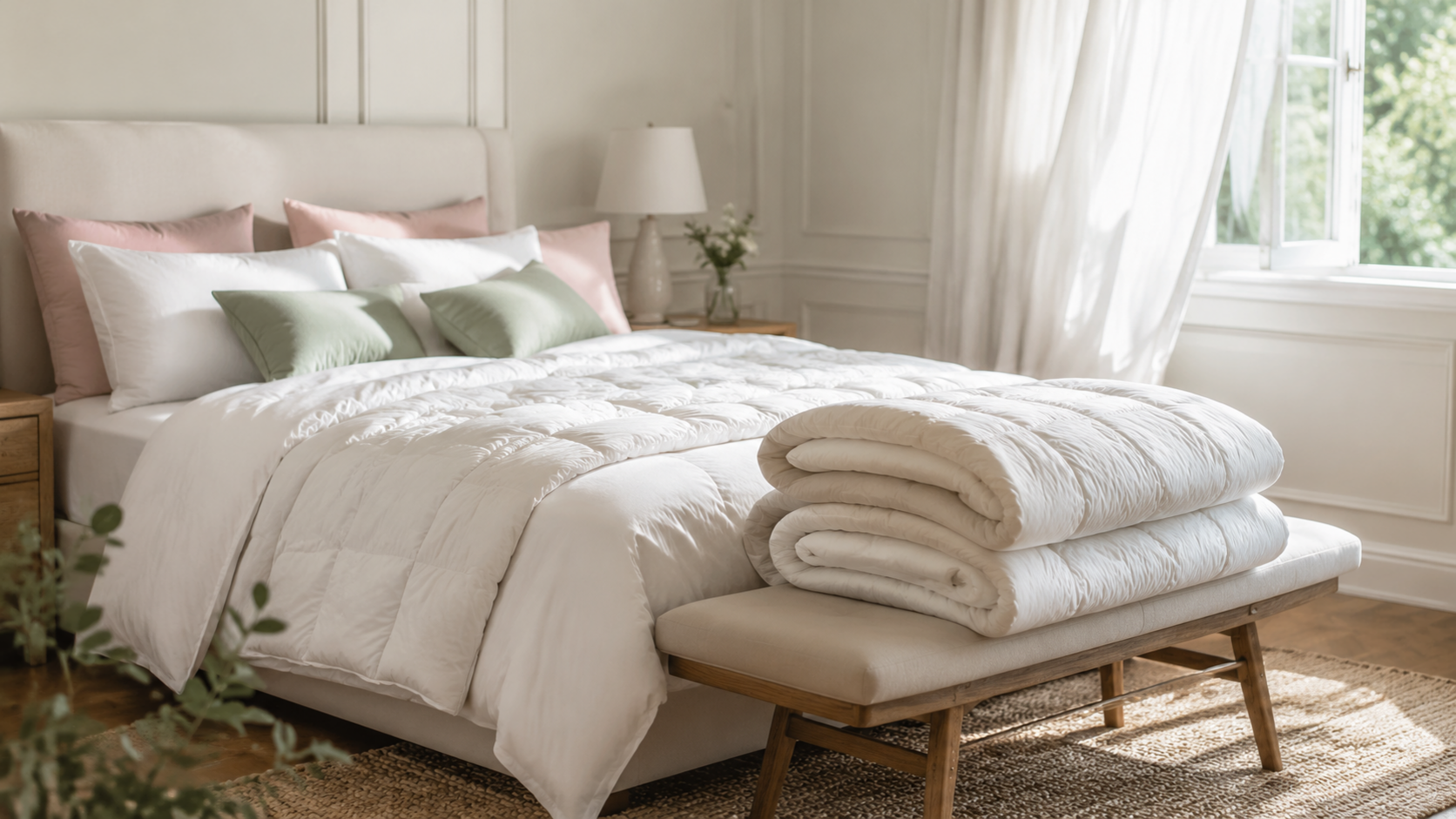 Camera da letto luminosa con piumino leggero sul letto e moduli piegati su una panca