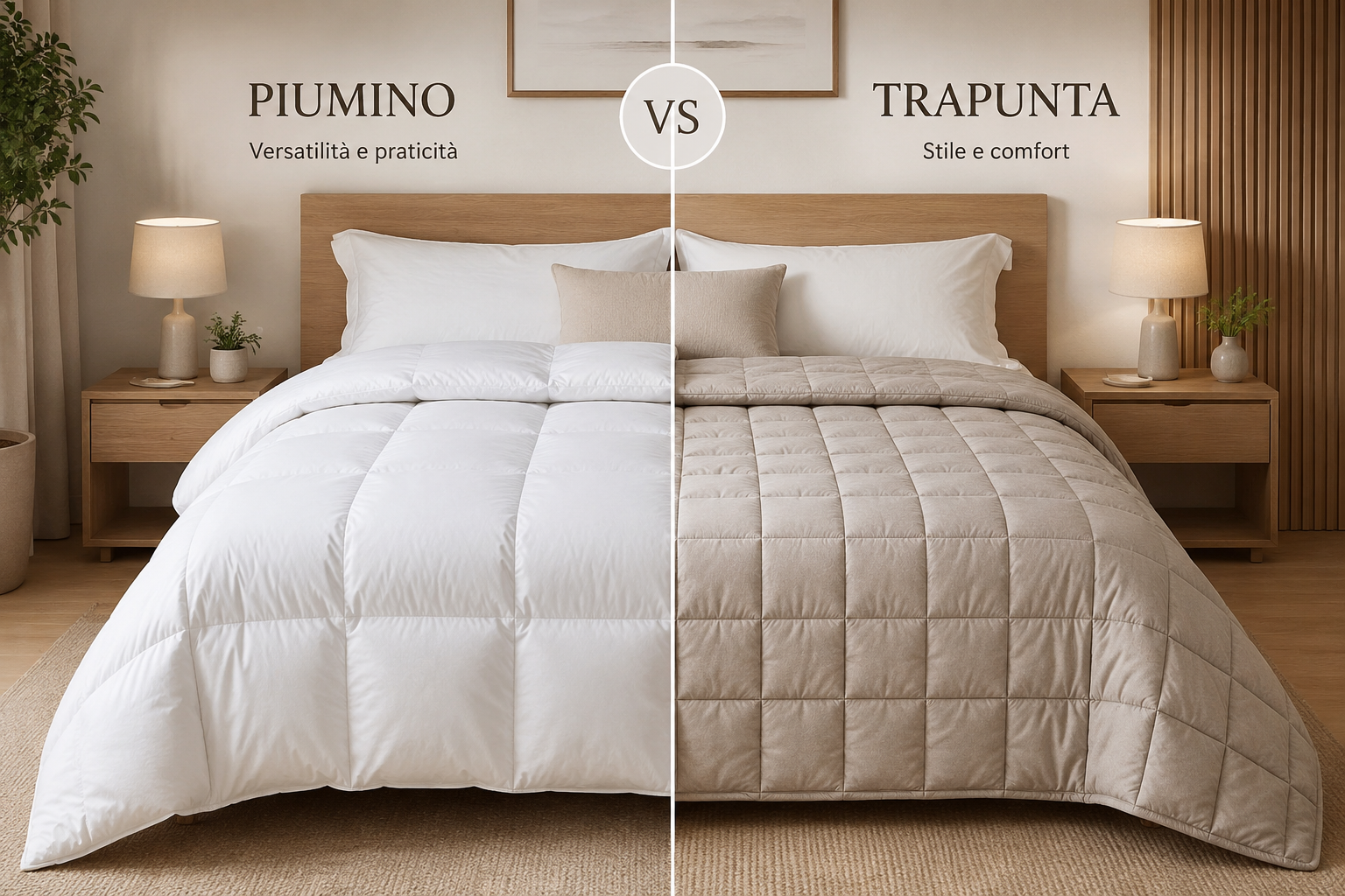 Confronto tra un piumino e una trapunta su un letto matrimoniale moderno per scegliere la soluzione più adatta al riposo HomeLoves
