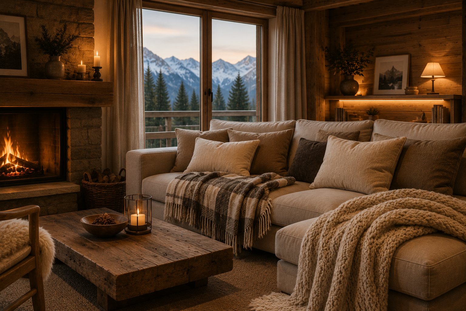 Soggiorno moderno in stile chalet con divano in lino, plaid in lana naturale e atmosfera accogliente ispirata alle montagne del Trentino.