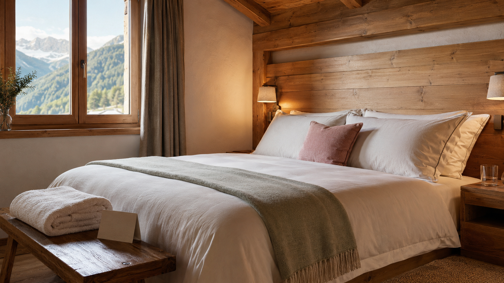 Letto matrimoniale preparato per gli ospiti in una casa di montagna con biancheria chiara, plaid verde e asciugamani puliti