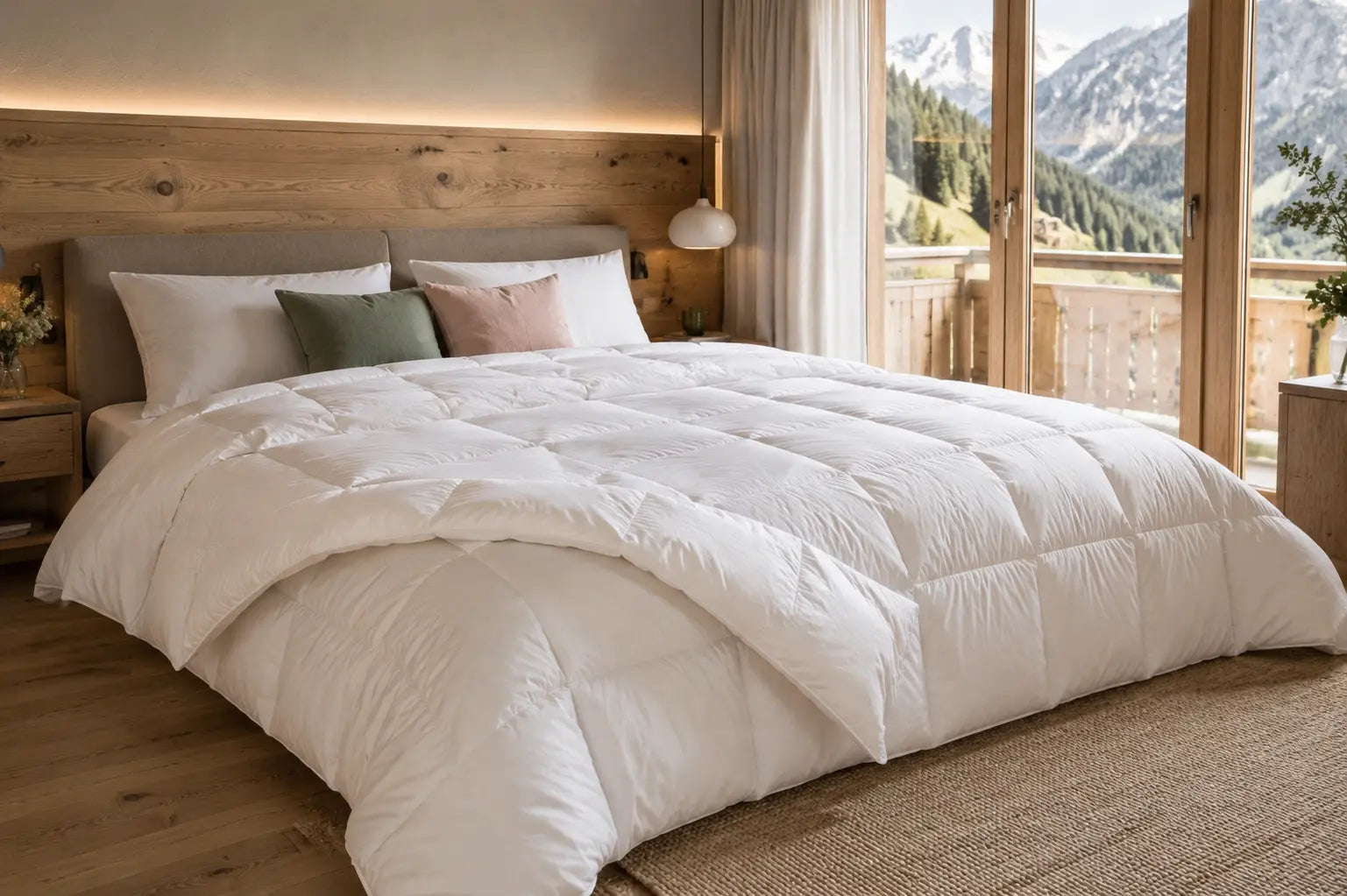 Piumino Daunex bianco su letto matrimoniale in una camera alpina contemporanea