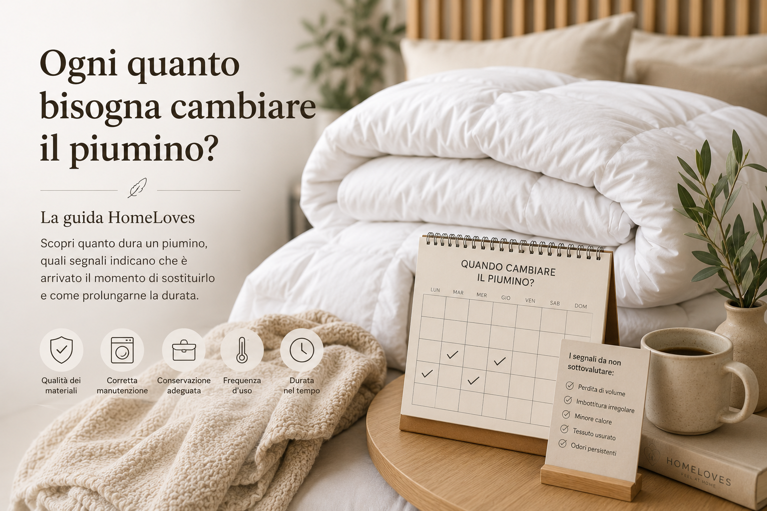 Piumino bianco soffice su un letto moderno che rappresenta la durata e la qualità di un piumino ben mantenuto | HomeLoves