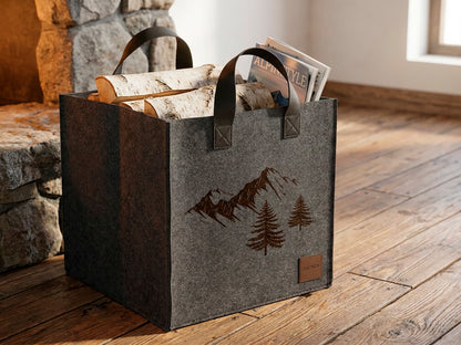 Porta Legna in feltro Nordico Mod Chalet e Cube colore grigio ambientata.