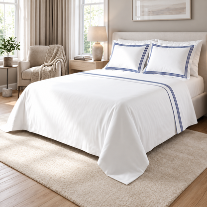 Completo Lenzuola Matrimoniale Satin Luxury Ricamato colore blu